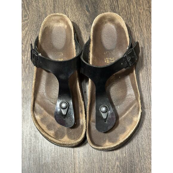 Birkenstock Woman’s Gizeh Glossy Black Birko-Flor Thong Sandals Size 37 US 6 - Picture 1 of 7